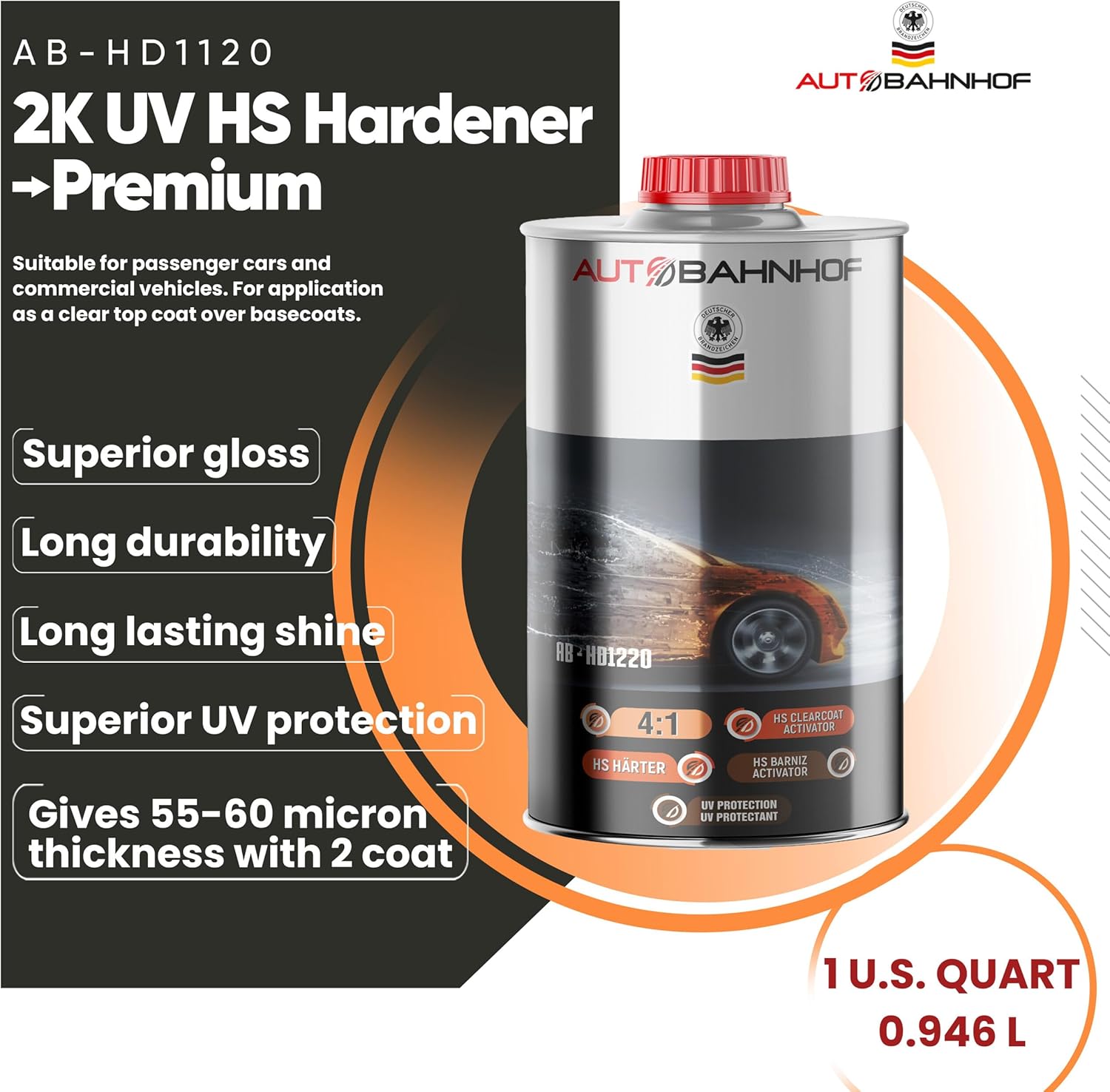 AB-CC2244 -  4:1 – 1 Gallon HS Clear Coat + 1 Quart Fast Hardener | High Gloss Finish | Quick Dry for Cold Temps