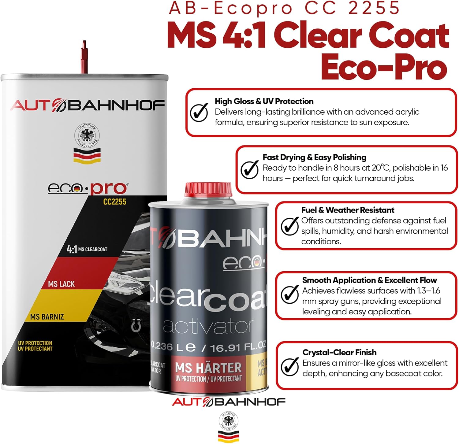AB-ECO PRO CC2255 MS 4:1 Clear Coat & HD1240 Hardener Kit – Car & Truck Refinishing Clear | Durable, Easy Polishing, UV Resistant