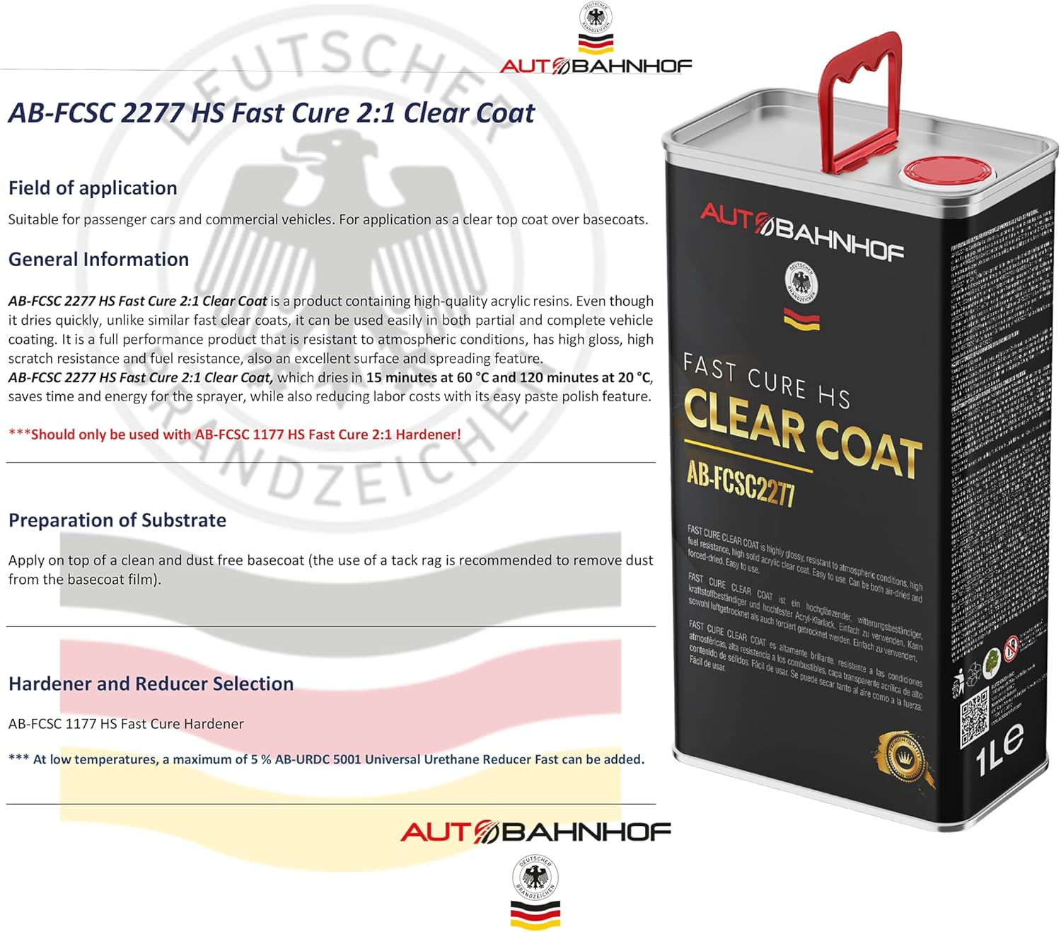 AB-FCSC 2277 HS 2:1 Clear Coat + AB-FCSC1177 Hardener High Temp – | Rapid Dry, Superior Gloss & Durability | Professional Car Coating