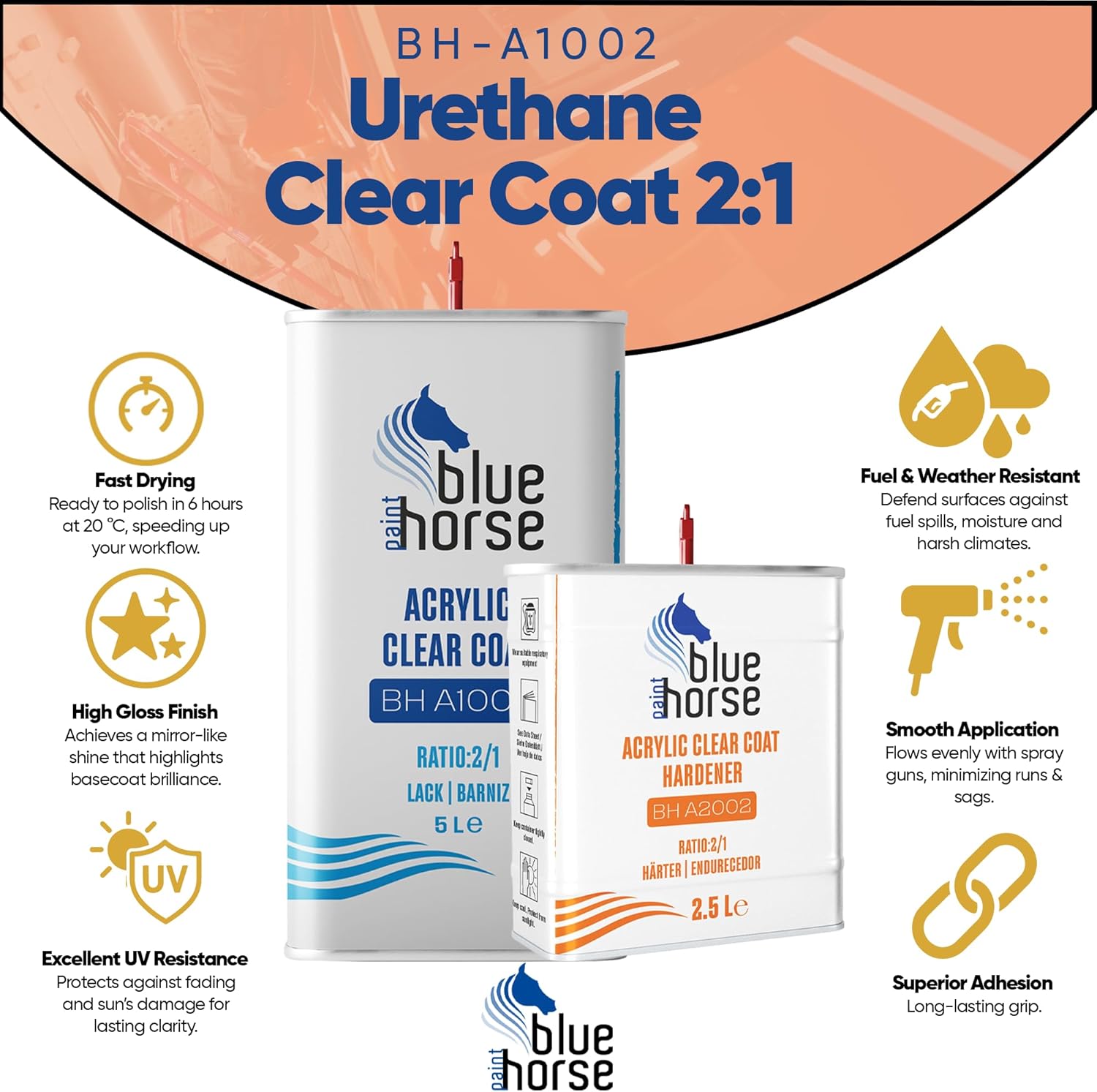 BH-A1002 Clear Varnish + BH-A2002 Hardener – 2K Urethane Topcoat | Long Open Time | High Gloss Finish for Warm-Climate Refinishing