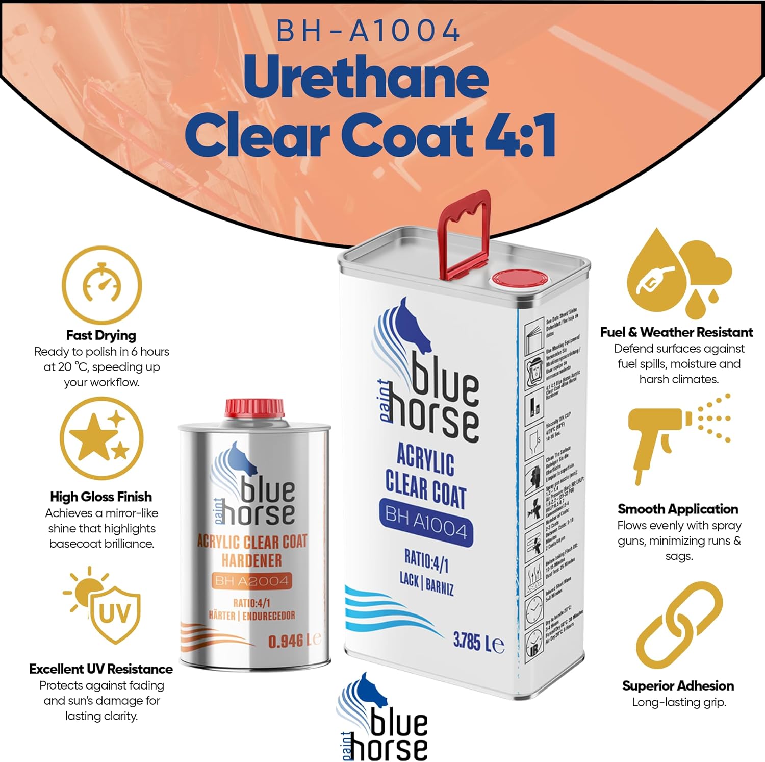 BH-A1004 Clear Coat & A2004 Hardener – High-Gloss Urethane Finish | Rapid Drying 2K Automotive Clear | Ideal for Low-Temp Application
