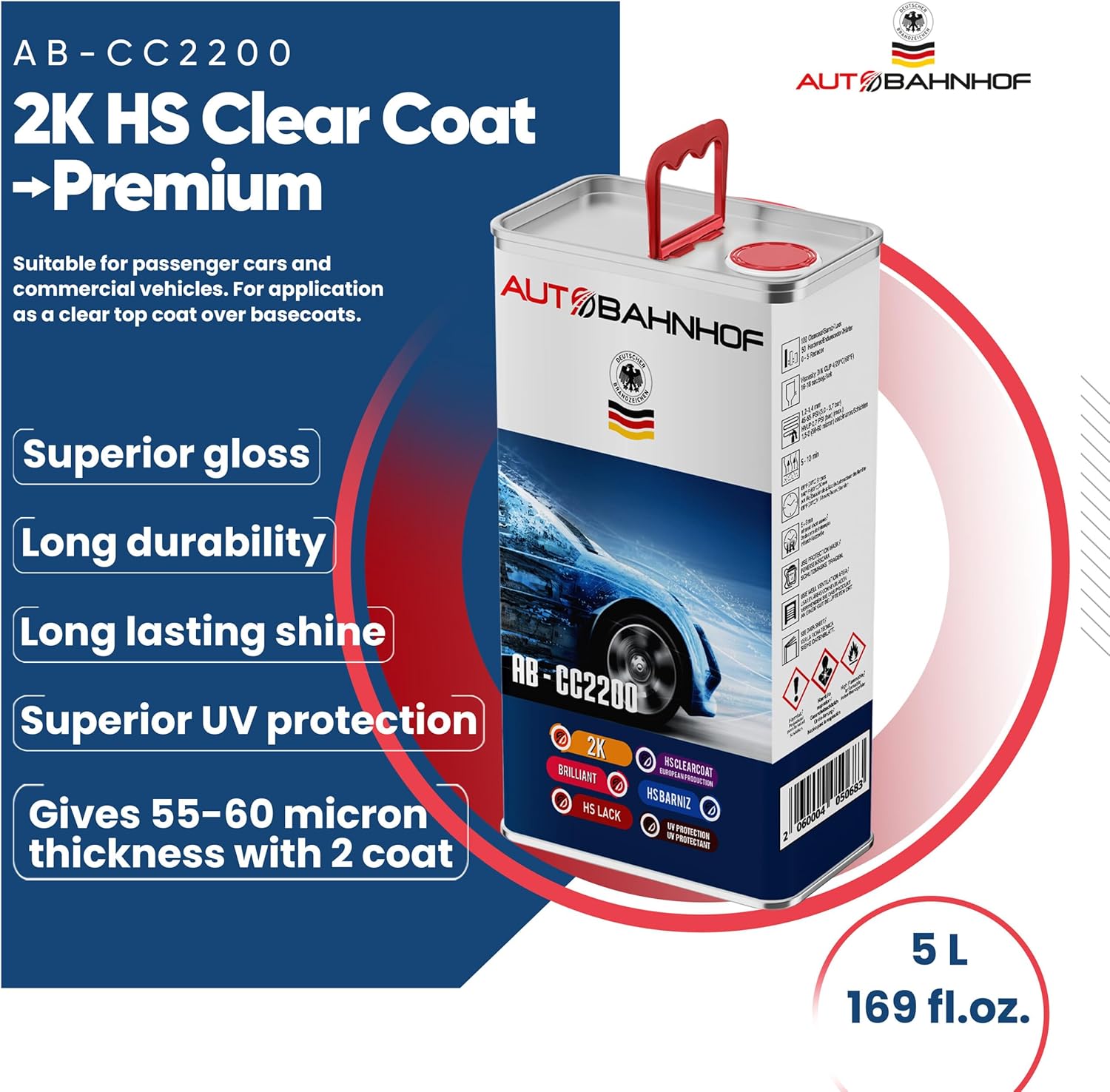 AB-CC2200 2K HS Clear Coat Premium & AB-HD1100 2K UV HS Hardener (Kit) – High-Gloss Automotive Clear Coat | Fast-Drying & Fuel-Resistant | Ideal for Collision Repair