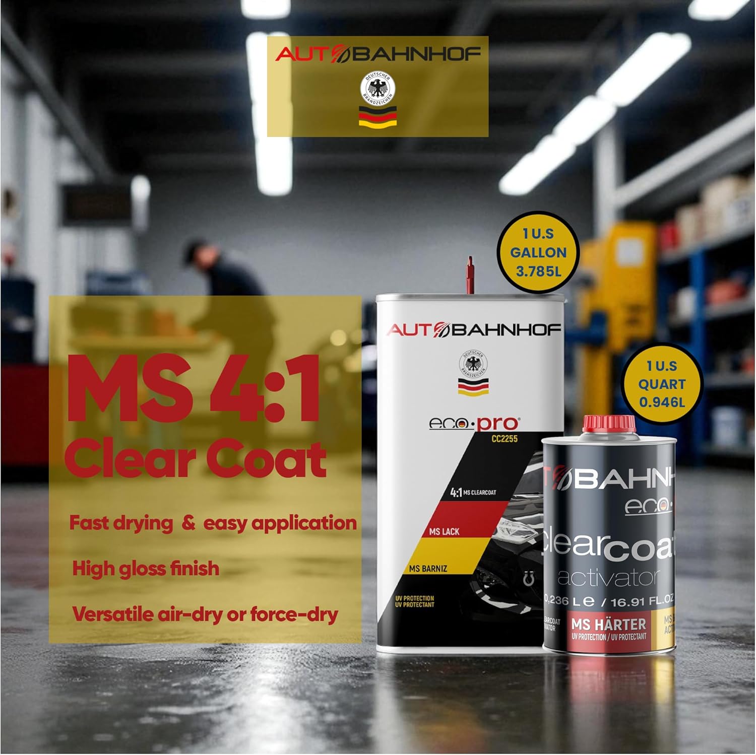 AB-ECO PRO CC2255 MS 4:1 Clear Coat & HD1240 Hardener Kit – Car & Truck Refinishing Clear | Durable, Easy Polishing, UV Resistant