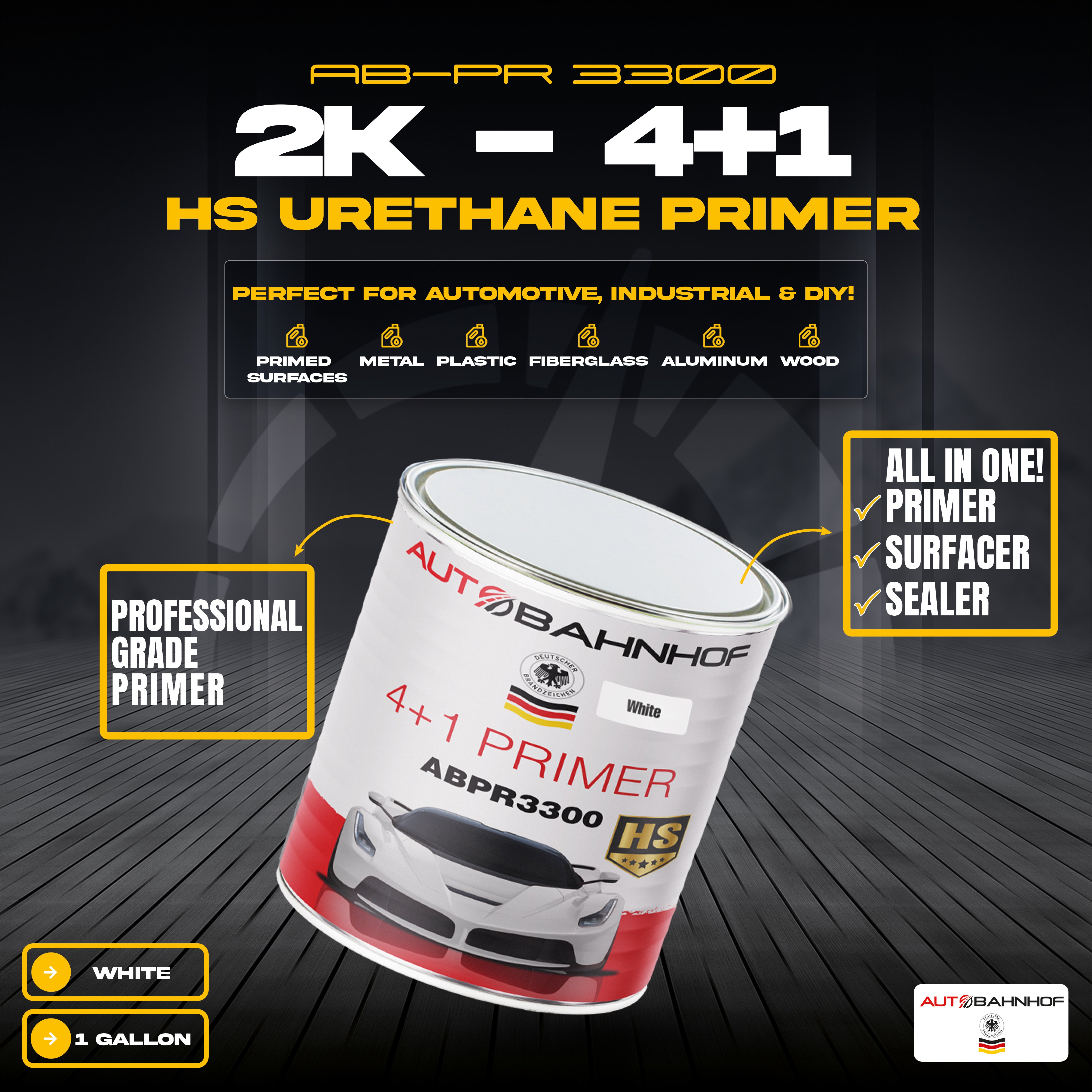 (Primer+Hardener Kit) AB-PR 3300 4:1 Industrial Urethane Primer & AB-PR 3400 Hardener  – Professional Auto Refinishing System – 1 Gallon Primer + 1 Quart